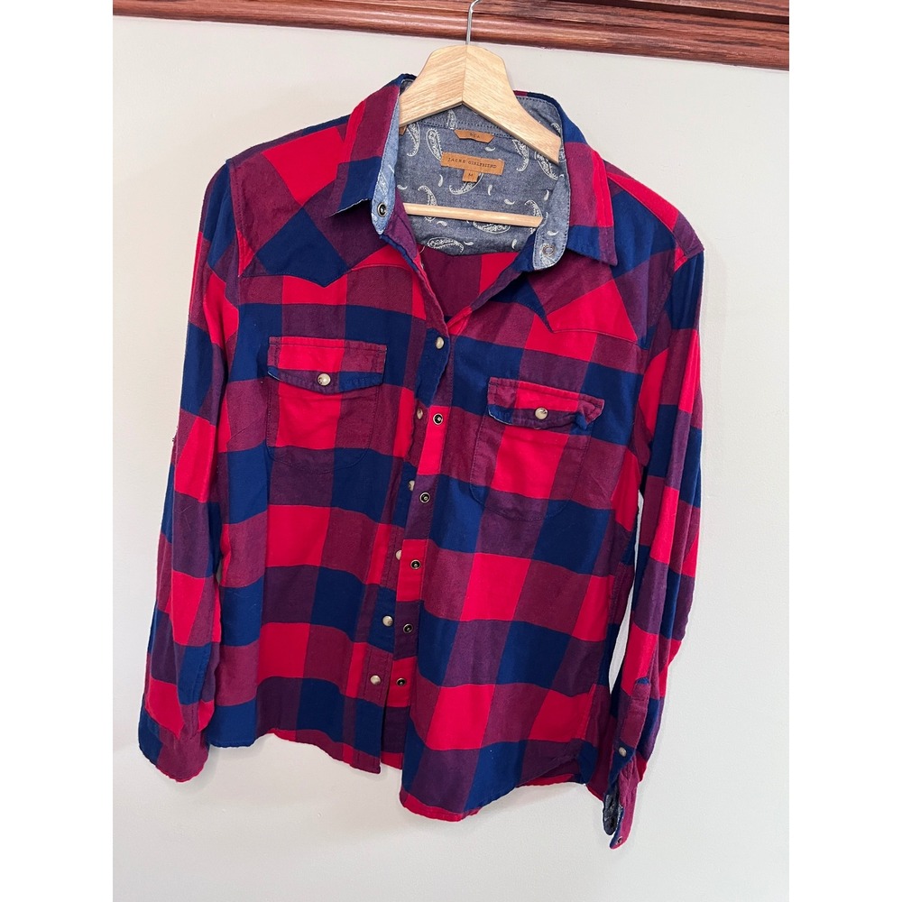 Jachs Girlfriend Womens Red Navy Buffalo Plaid Western Button Down Shirt Medium